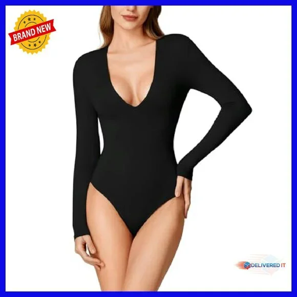 Long Sleeve Plunge V-Neck Bodysuit Double Lined Sexy Going Out Top
